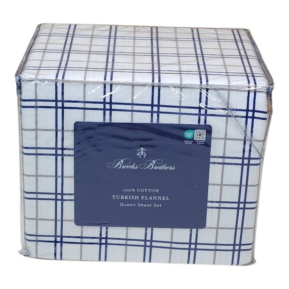 Brooks Brothers Queen Turkish Flannel Sheet Set 100% Cotton Blue White Plaid - Picture 1 of 8